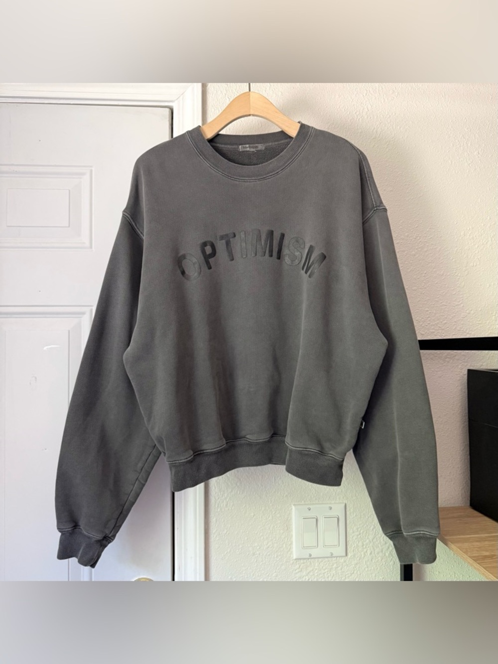 MADHAPPY grey cotton terry garment dyed crew neck boxy pullover sweater